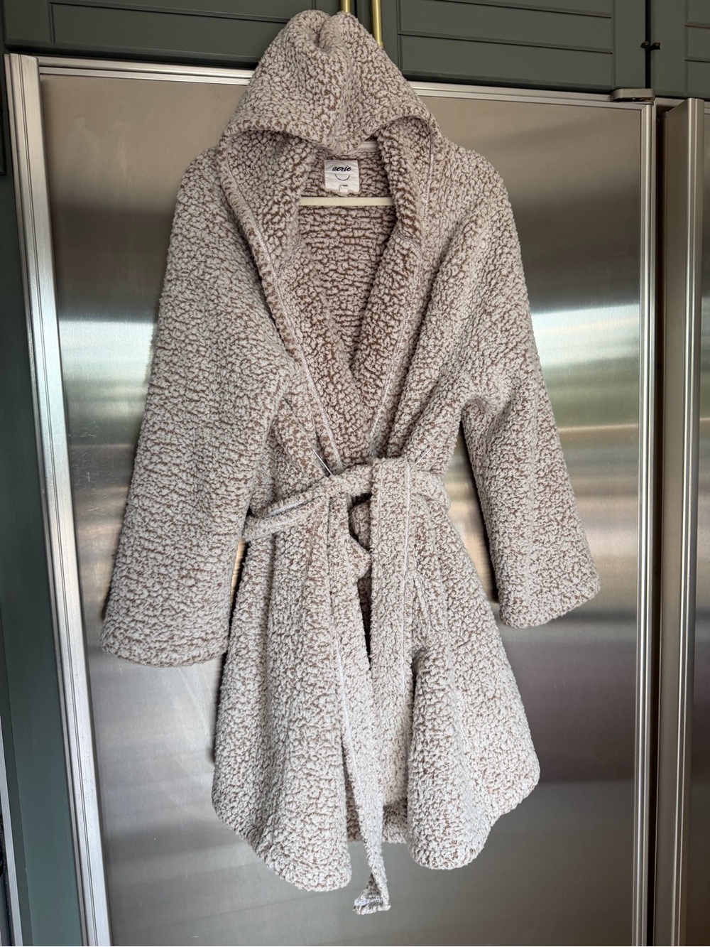 Aerie Hooded Sherpa Robe in Light Taupe